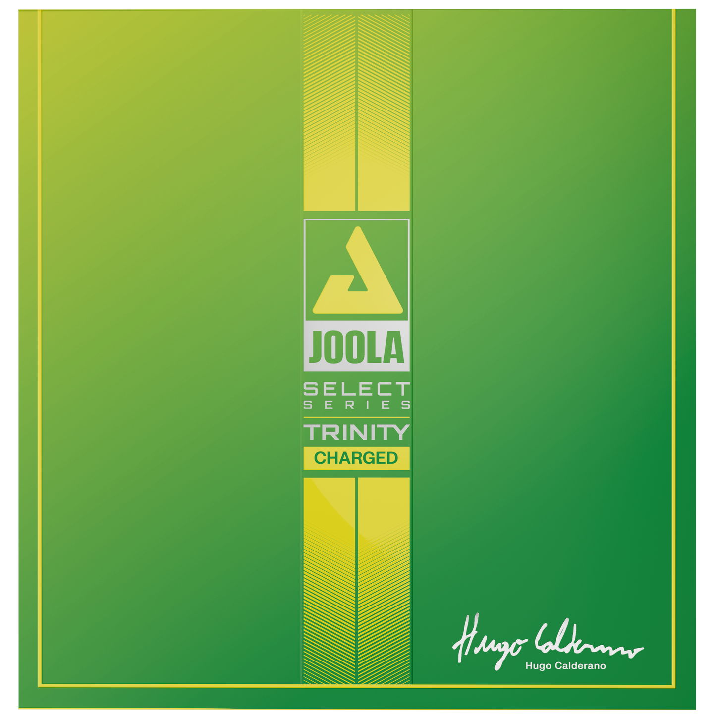 Image of a green and yellow package of JOOLA Select Series Trinity Charged Table Tennis Rubber.
