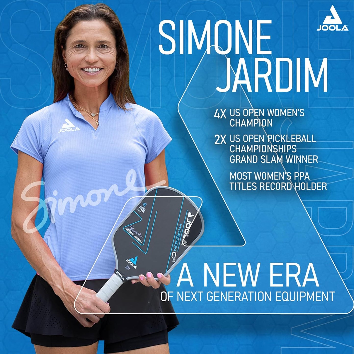 JOOLA inforgraphic showing JOOLA pro pickleball player Simone Jardim and listing her accolades.