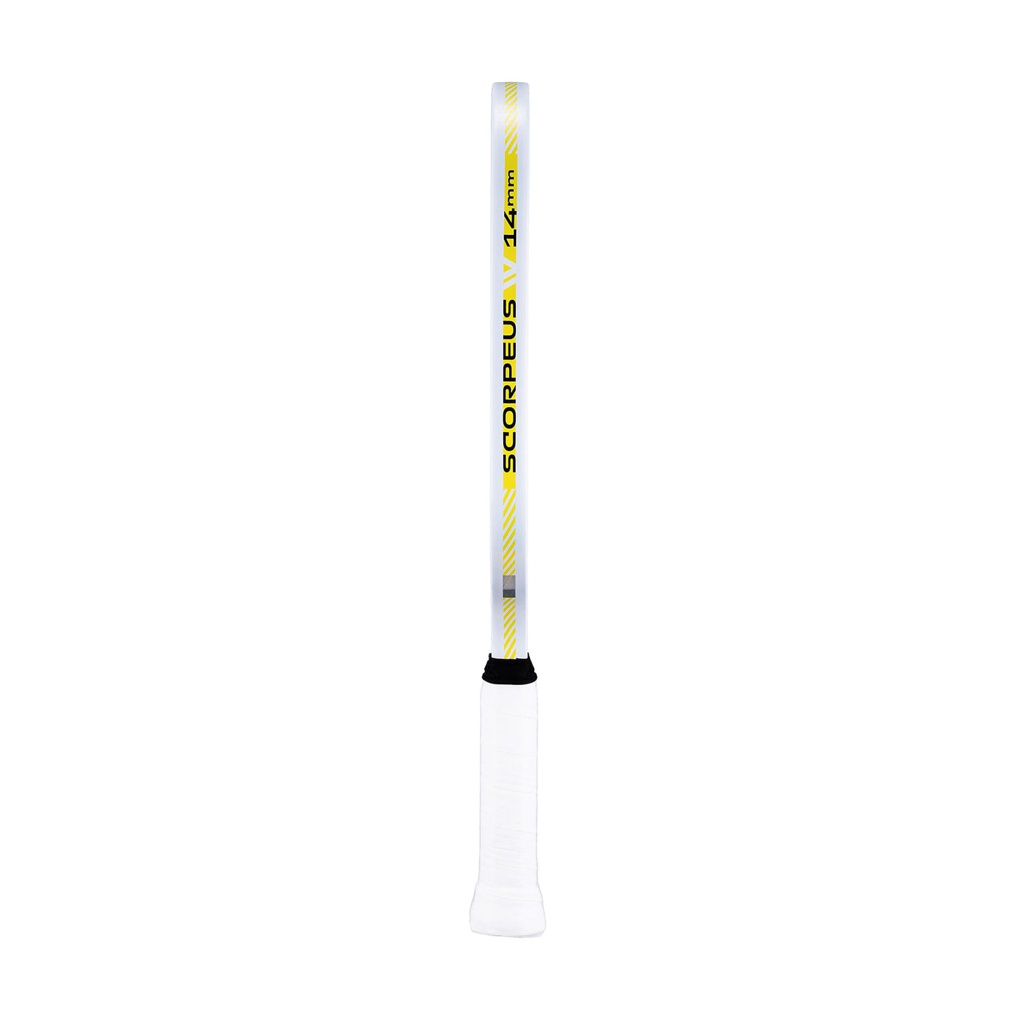 Close up of the side of the JOOLA Anna Bright Scorpeus Pro IV Pickleball Paddle. Image shows the white handle and black, white and yellow on the edge guard.