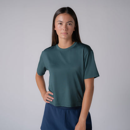 Joola Womens Court Crop Tee Fall in club green, front view hero shot of athletic apparel
