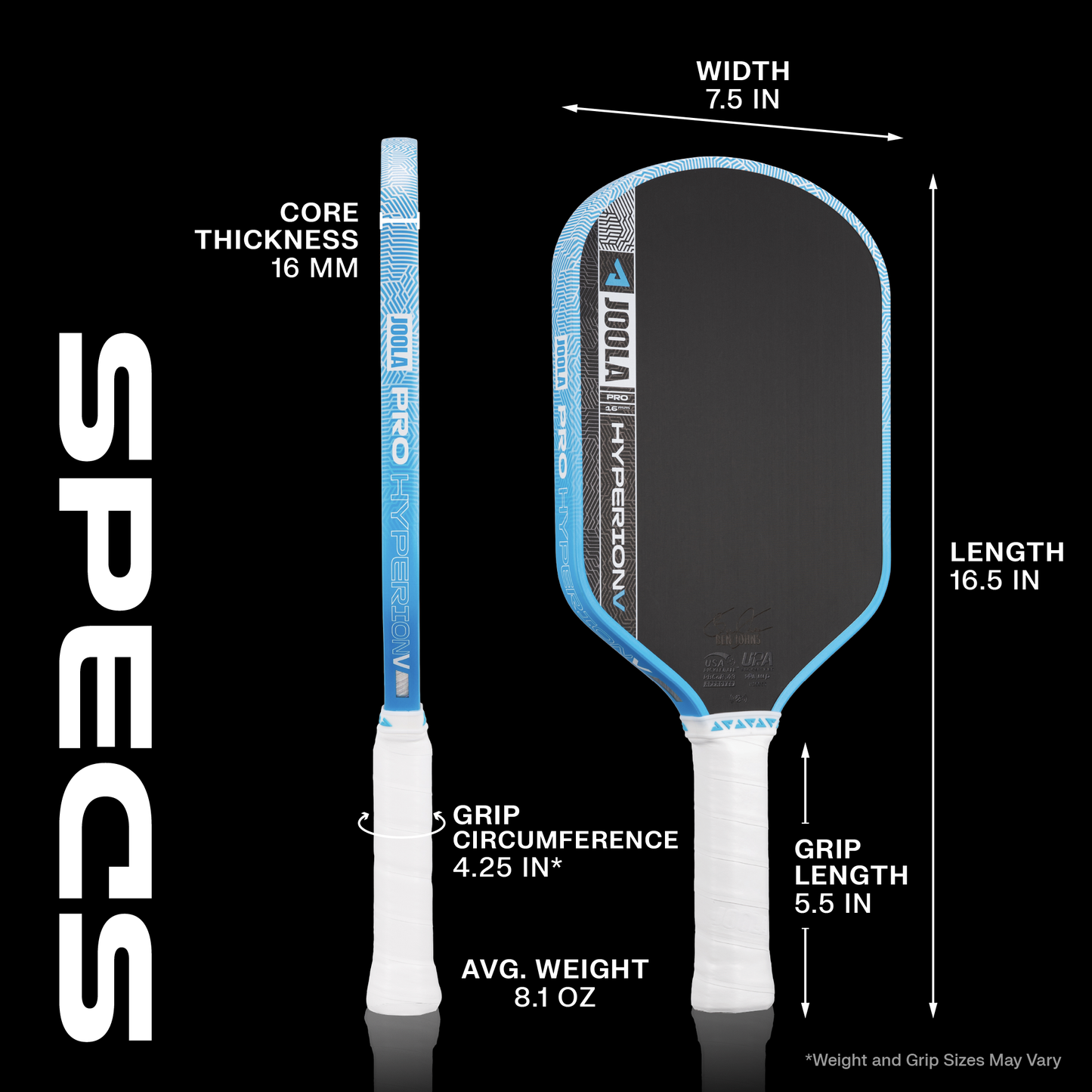 Updated Hyperion Pro V 16mm pickleball paddle specs.