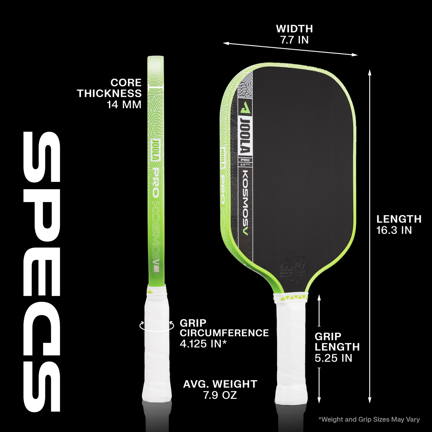 Updated Kosmos Pro V 14mm pickleball paddle specs.