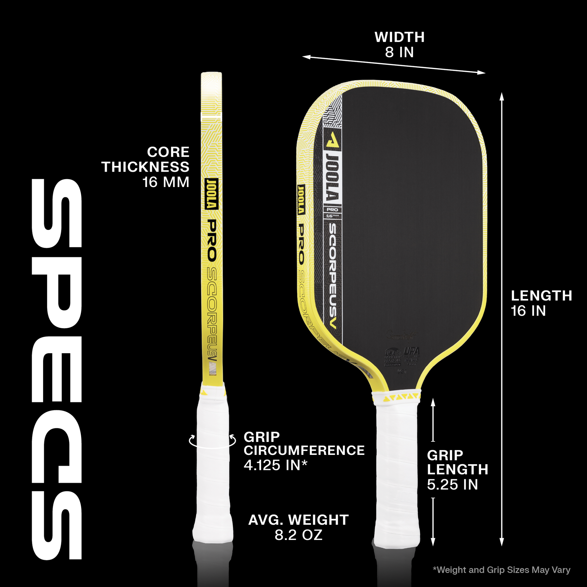 Joola Scorpeus Pro V Pickleball Paddle specifications and design infographic highlighting 16MM features