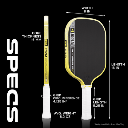 Joola Scorpeus Pro V Pickleball Paddle specifications and design infographic highlighting 16MM features