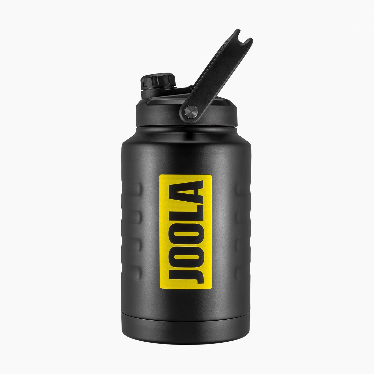 White background, JOOLA 128 oz water bottle, black with yellow and black JOOLA wordmark.