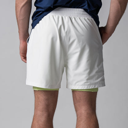 View of the back of a pair of JOOLA Men's 2 in 1 shorts, white.