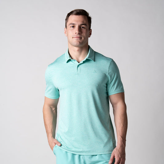 Image of a male model wearing a JOOLA men's club polo, tropical tide heather.