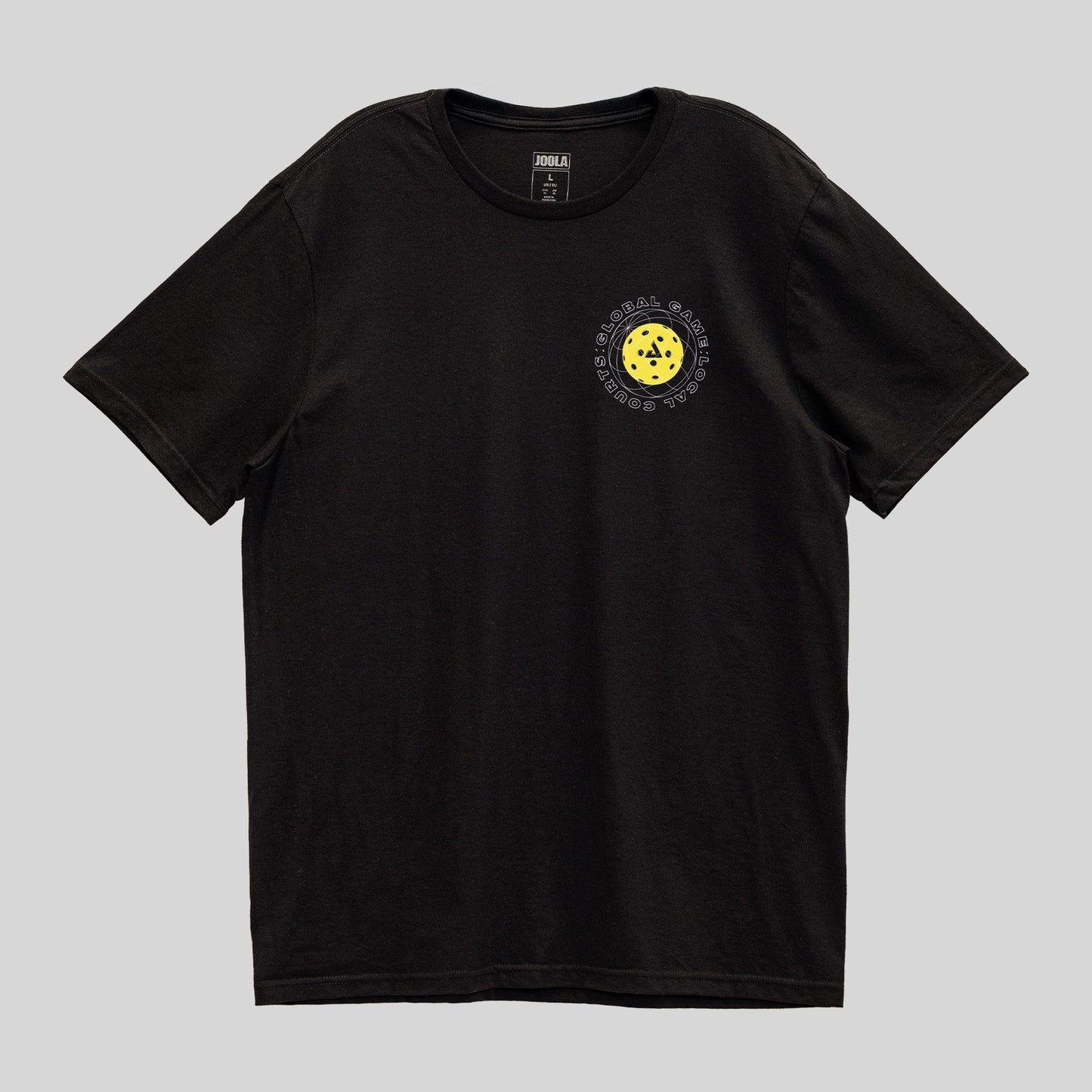 Joola Global Game Local Court Tee flat lay display showing table tennis shirt design