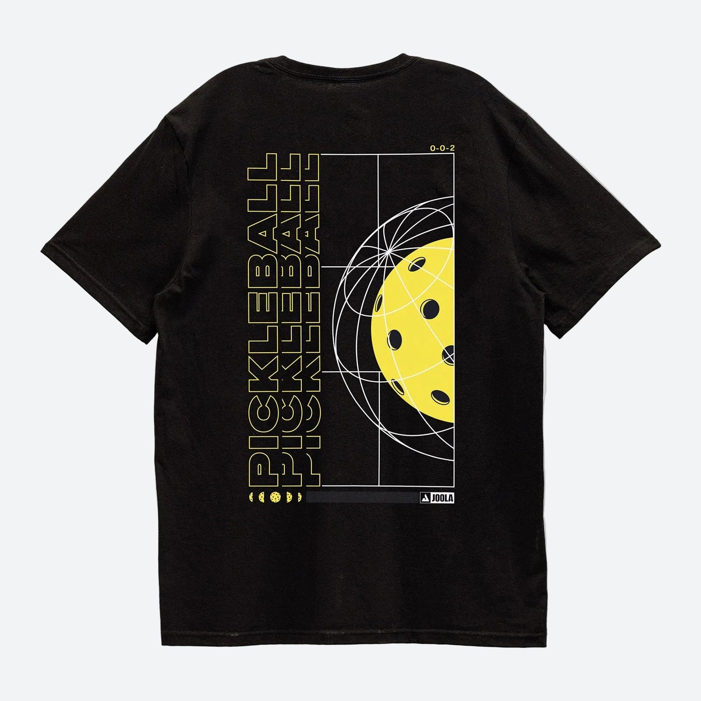 Gray background, flat lay image of the black JOOLA pickleball graphic tee shirt.