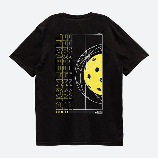 Gray background, flat lay image of the black JOOLA pickleball graphic tee shirt.
