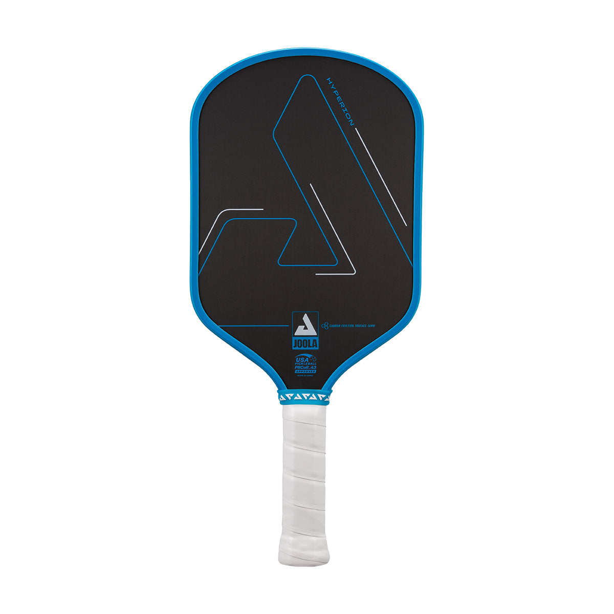 White background, product image of a the Hyperion CFS pickleball paddle with black face and blue edge guard on a white background.
