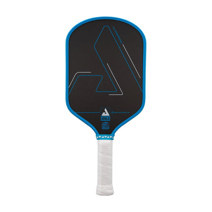 White background, product image of a the Hyperion CFS pickleball paddle with black face and blue edge guard on a white background.