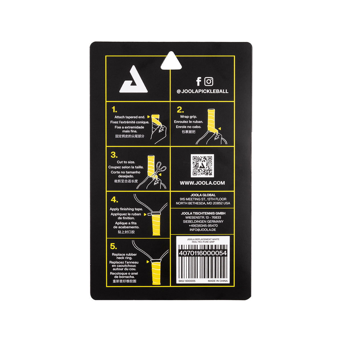 White background, close up image of the back of a package of JOOLA feel-tec pure replacement grip showing the easy to apply instructions on the back.