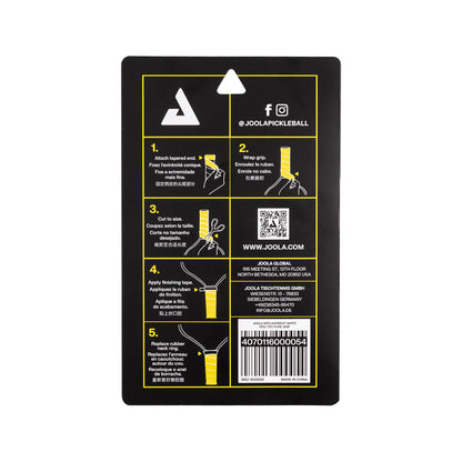 White background, close up image of the back of a package of JOOLA feel-tec pure replacement grip showing the easy to apply instructions on the back.