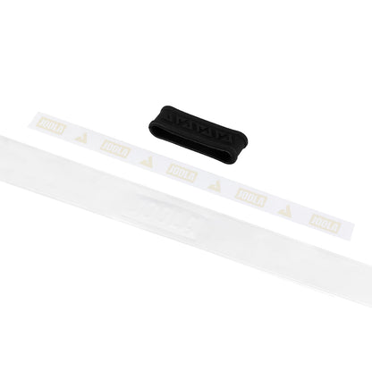 White background, image of the contents of a package of JOOLA feel-tec pure grip rolled out with a black JOOLA rubber band.