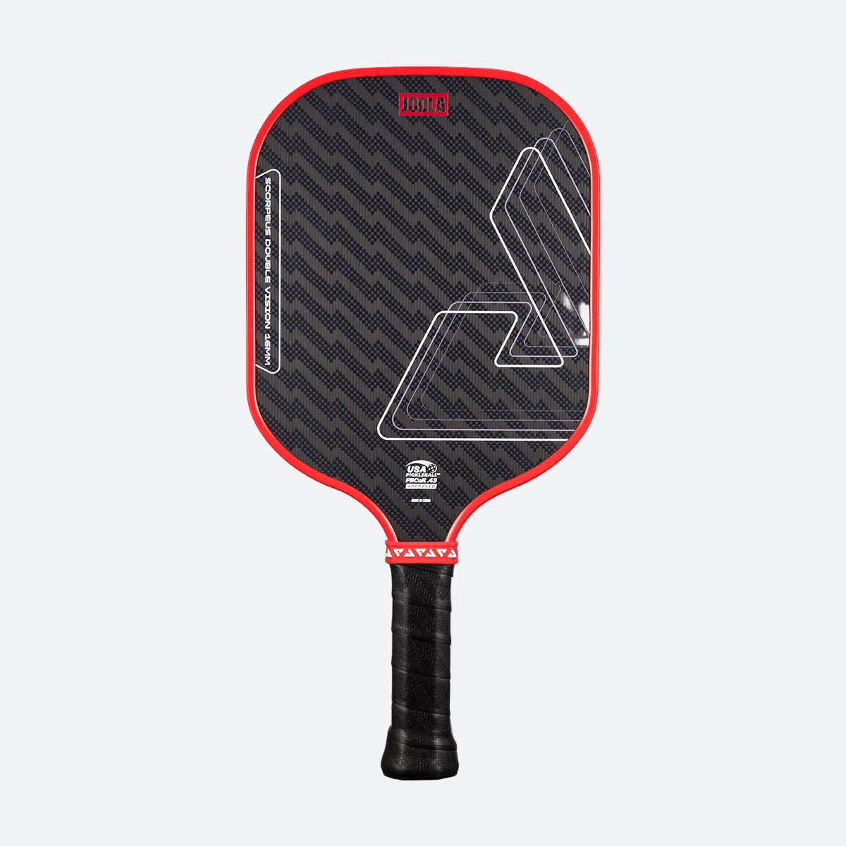 White background, product image of a red JOOLA Scorpeus Double Vision pickleball paddle.
