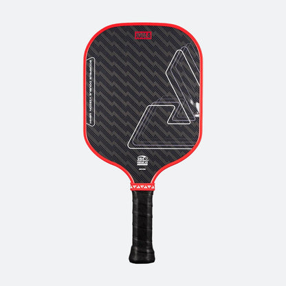 White background, product image of a red JOOLA Scorpeus Double Vision pickleball paddle.