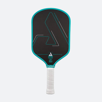 White background, product image of a the Hyperion CFS pickleball paddle with black face and teel edge guard on a white background.