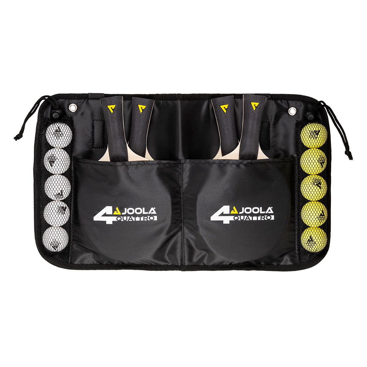 White background, product image of an open JOOLA Quattro four pack table tennis racket set with five balls and four JOOLA table tennis rackets included.