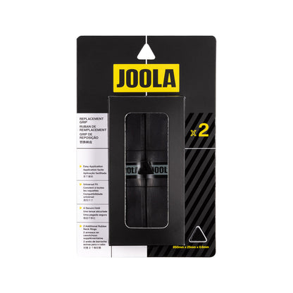 White background, Image of a two pack of JOOLA Feel-Tec replacement grip in black.