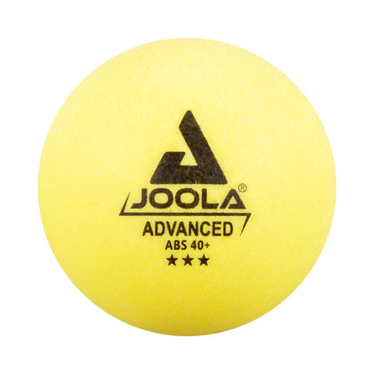 White background, image of a yellow JOOLA Table Tennis ball, three star advanced, ABS 40+.