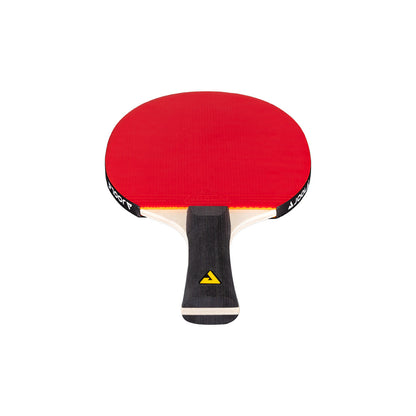 White background, image of a JOOLA table tennis racket with a red surface and a black handle that has a JOOLA Trinity logo on it.