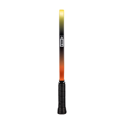 White background, image of the side of a JOOLA 3S Dual Scorpeus pickleball paddle, image shows the Yellow and Orange gradiant edge guard.