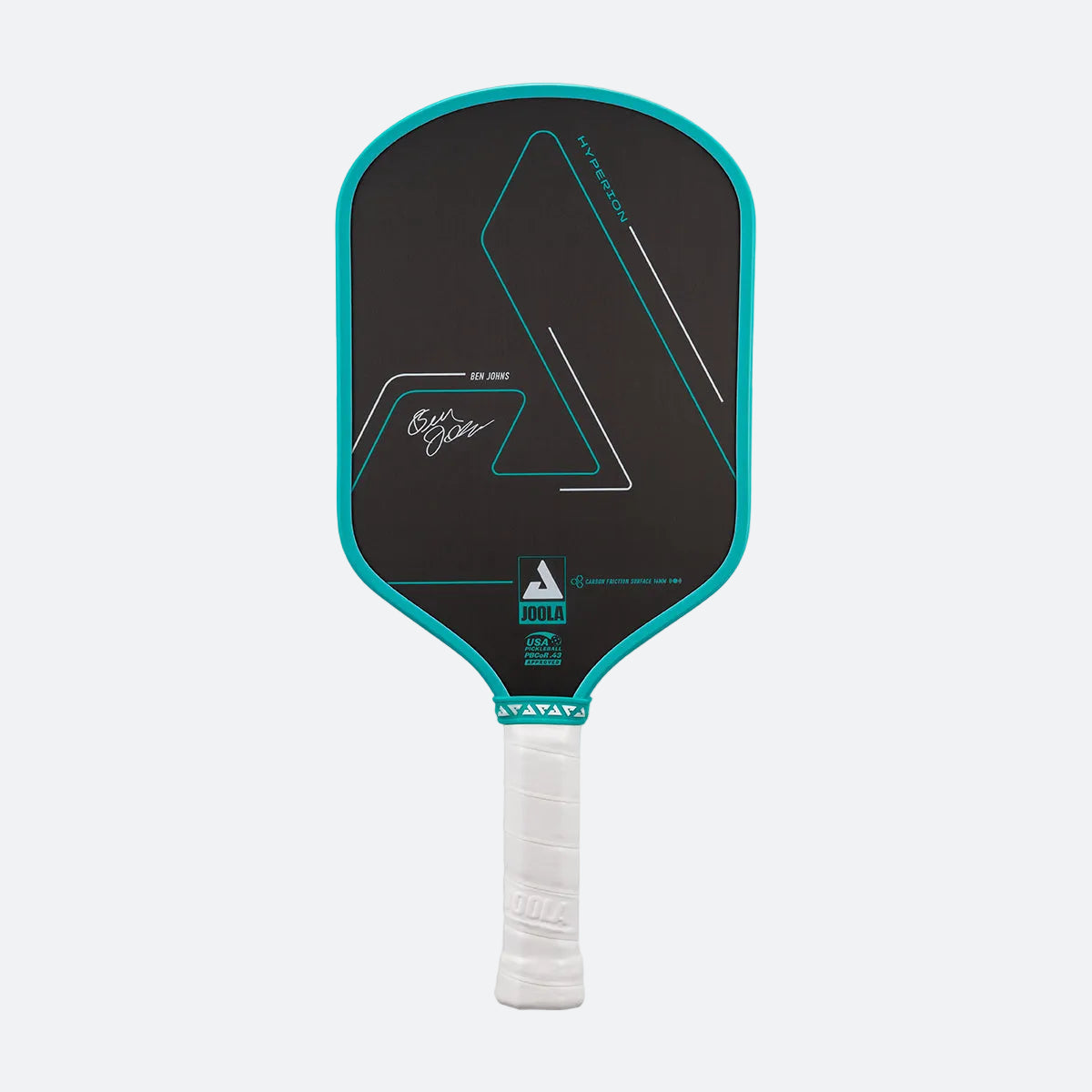 White background, product image of a the Hyperion CFS pickleball paddle with black face and teel edge guard on a white background.