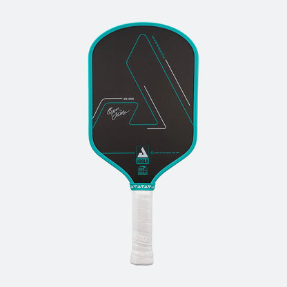 White background, product image of a the Hyperion CFS pickleball paddle with black face and teel edge guard on a white background.