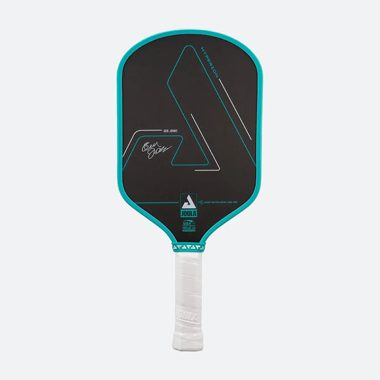 White background, product image of a the Hyperion CFS pickleball paddle with black face and teel edge guard on a white background.