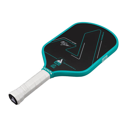 White background, product image of a the Hyperion CFS pickleball paddle with black face and teel edge guard on a white background.