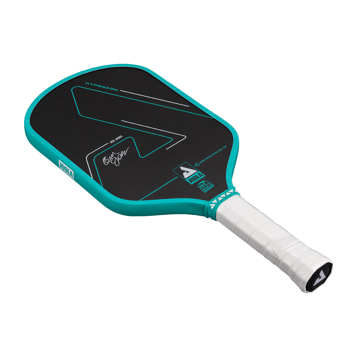 White background, product image of a the Hyperion CFS pickleball paddle with black face and teel edge guard on a white background.