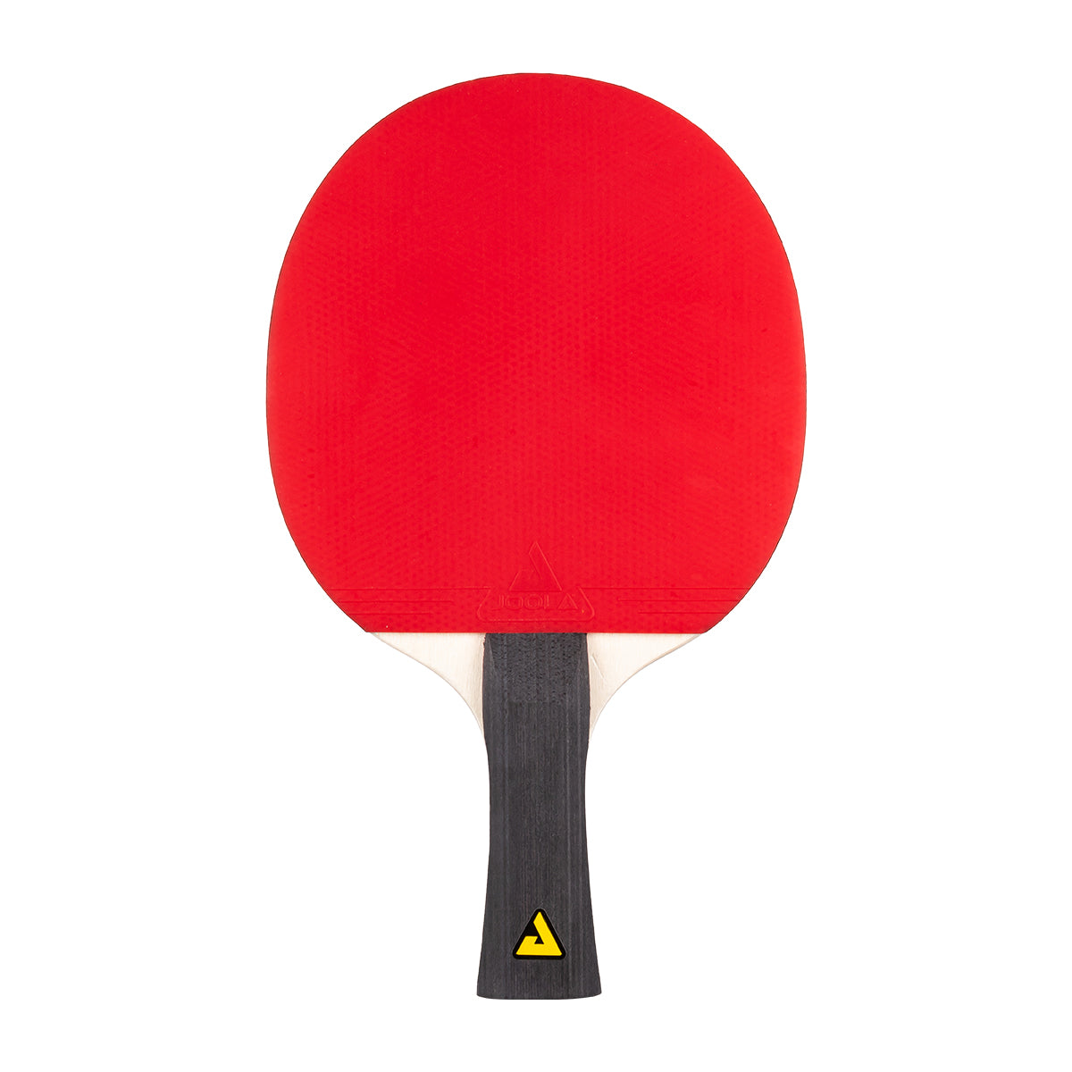White background, image of a red JOOLA Table Tennis Racket with a yellow JOOLA Trinity logo on the handle.