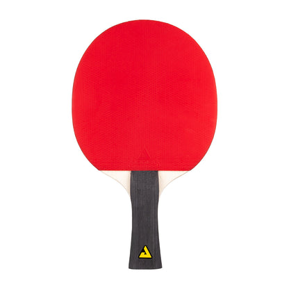 White background, image of a red JOOLA Table Tennis Racket with a yellow JOOLA Trinity logo on the handle.