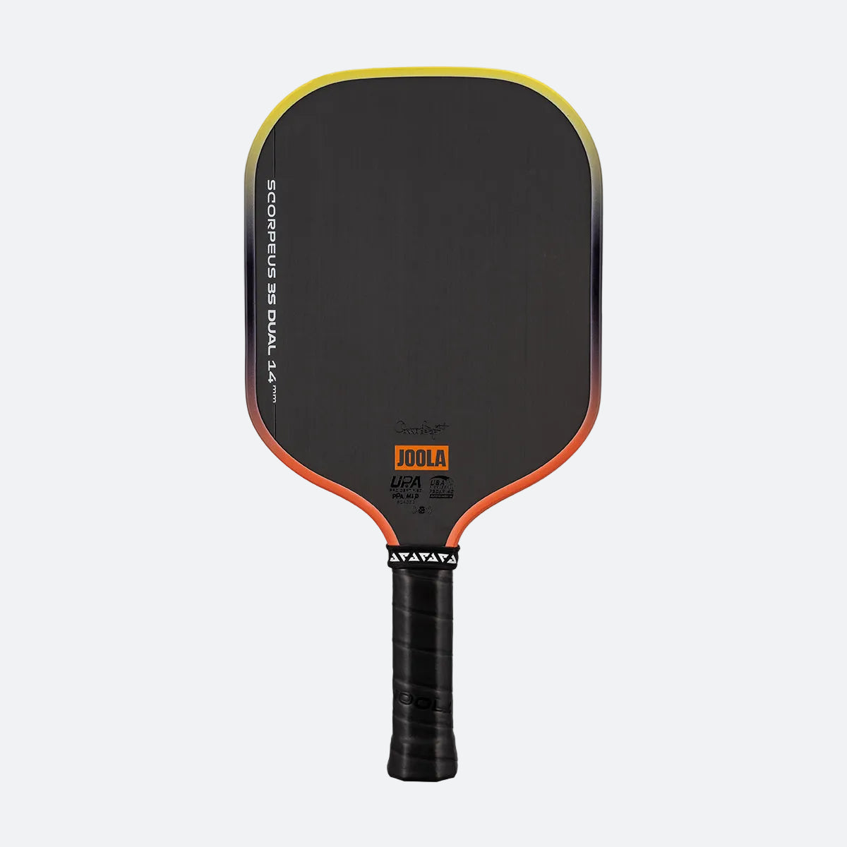 White background, Orange and Yellow gradiant edge guard on the JOOLA 3S Dual Scorpeus Pickleball Paddle.