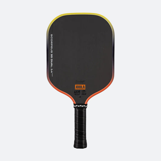 White background, Orange and Yellow gradiant edge guard on the JOOLA 3S Dual Scorpeus Pickleball Paddle.