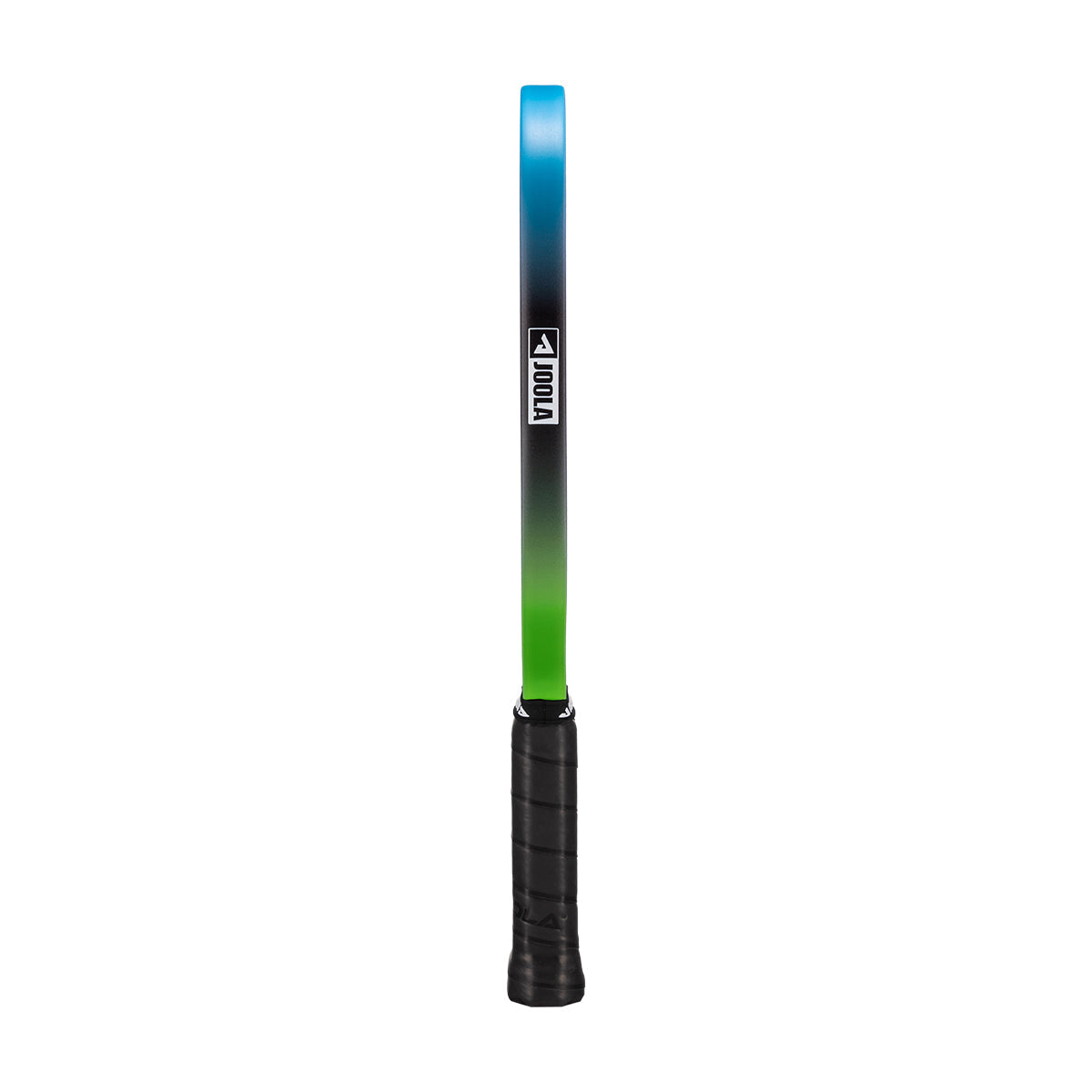 White background, image of the side of a JOOLA Hyperion 3S dual pickleball paddle with green and blue color gradiant on the edge guard.