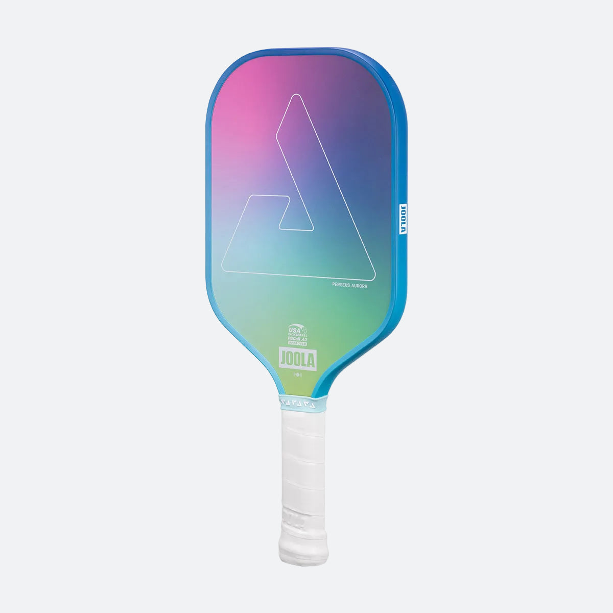 White background, image of a JOOLA Aurora Pickleball paddle. White handle and colorful paddle face.