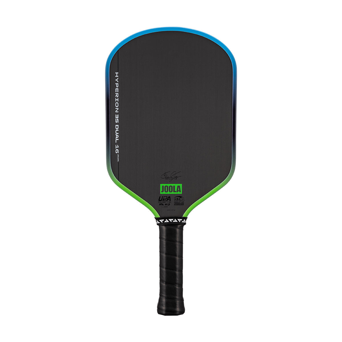 White background, JOOLA Hyperion 3S Dual pickleball paddle with Blue and Green edge guard.