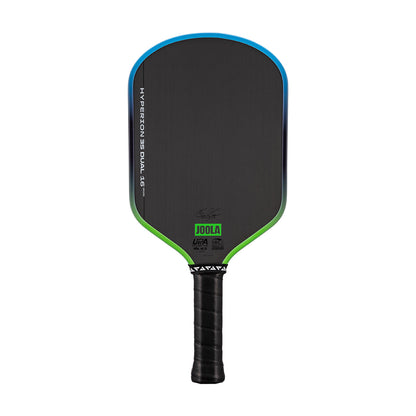 White background, JOOLA Hyperion 3S Dual pickleball paddle with Blue and Green edge guard.