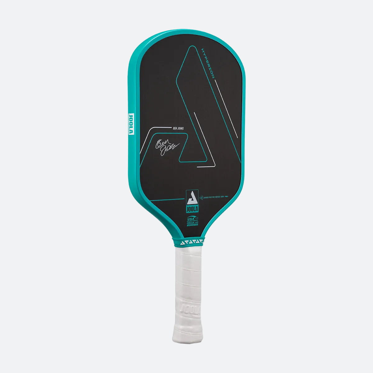 White background, product image of a the Hyperion CFS pickleball paddle with black face and teel edge guard on a white background.