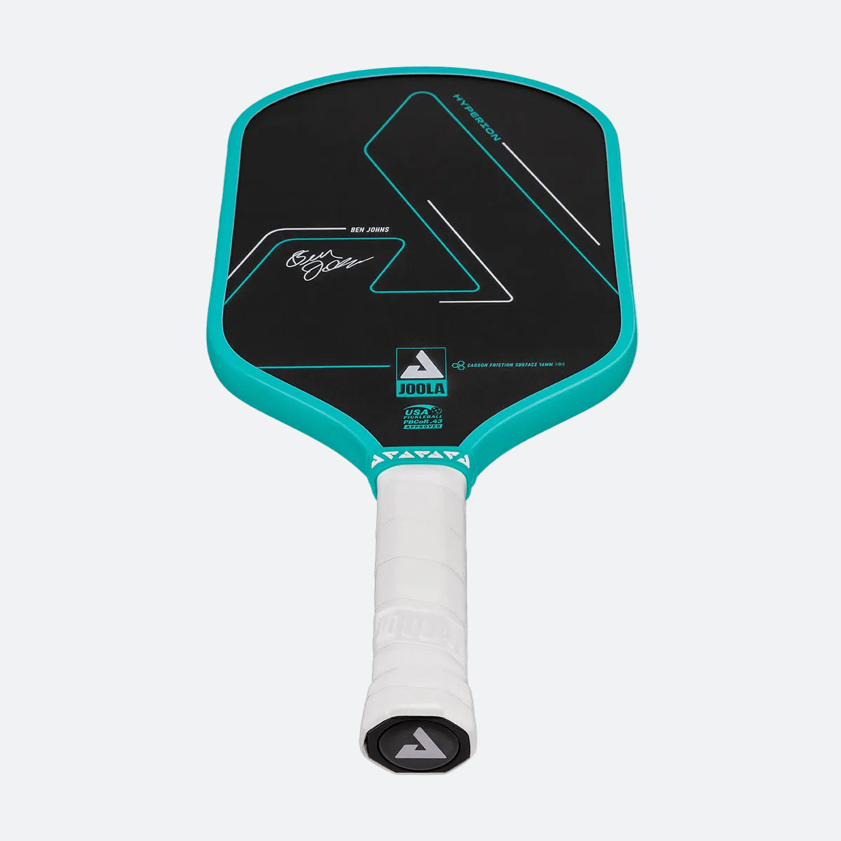White background, product image of a the Hyperion CFS pickleball paddle with black face and teel edge guard on a white background.