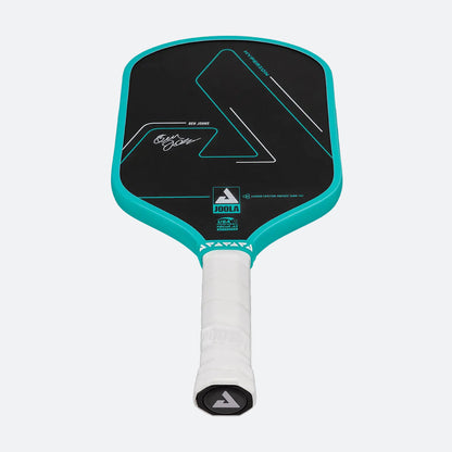 White background, product image of a the Hyperion CFS pickleball paddle with black face and teel edge guard on a white background.