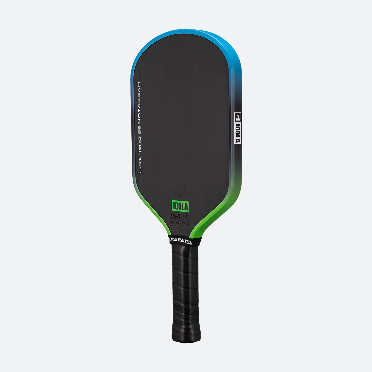 White background, angled view of the JOOLA Hyperion 3S Dual Pickleball Paddle. Blue and Green gradiant edge guard.