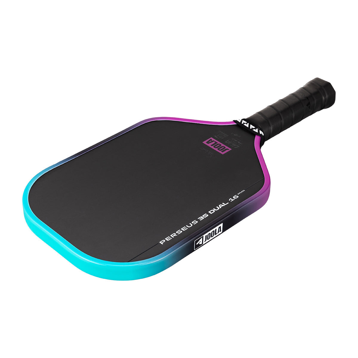 White background, angled view of the JOOLA Perseus 3S Dual pickleball paddle, blue and purple gradiant edge guard.