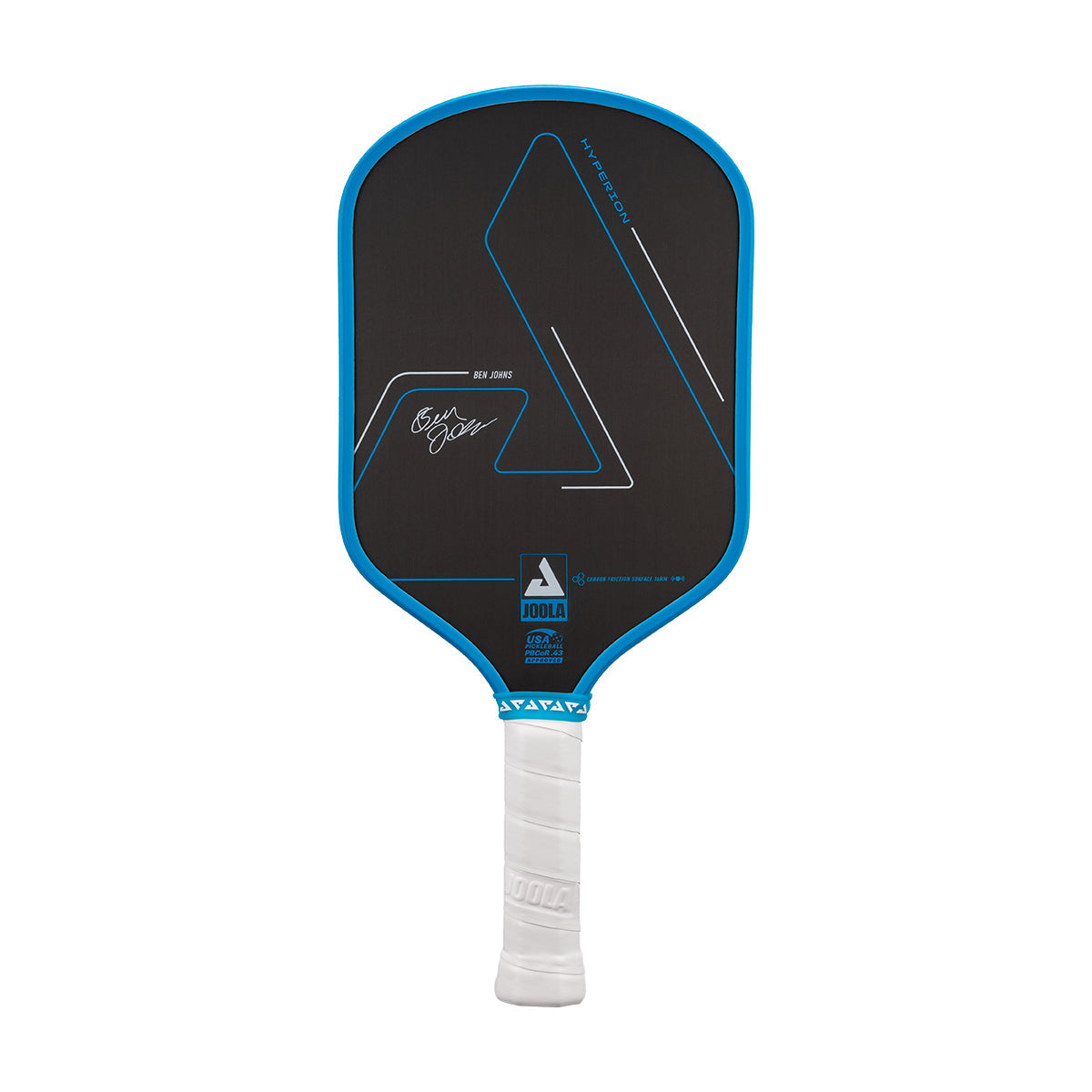 White background, product image of a the Hyperion CFS pickleball paddle with black face and blue edge guard on a white background.