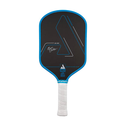 White background, product image of a the Hyperion CFS pickleball paddle with black face and blue edge guard on a white background.