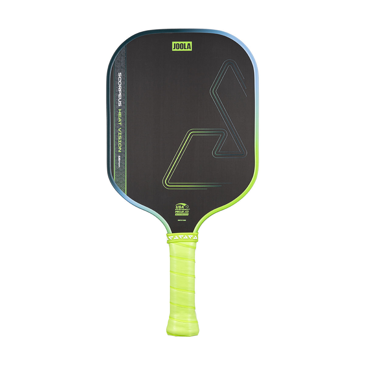 White background, product image of a blue and green JOOLA Scorpeus Heat Vision pickleball paddle.