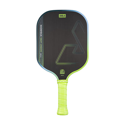White background, product image of a blue and green JOOLA Scorpeus Heat Vision pickleball paddle.