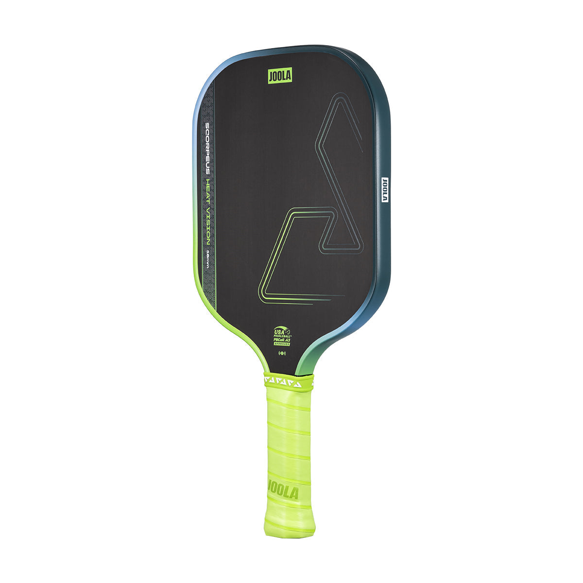 White background, product image of a JOOLA Scorpeus Heat Vision pickleball paddle.